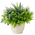 Composition de Plantes Artificielles Vertes et Violettes avec Pot en Céramique
