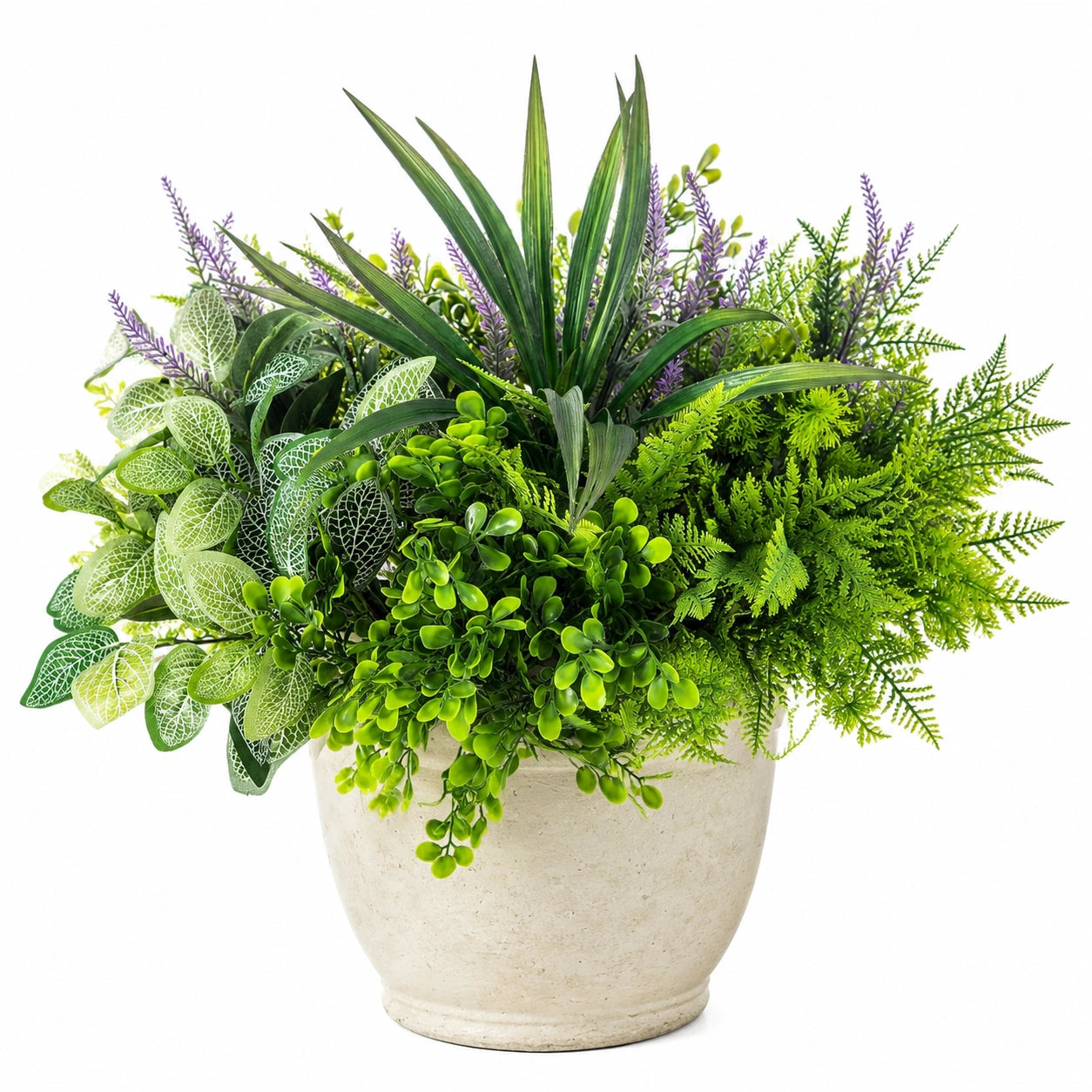 Composition de Plantes Artificielles Vertes et Violettes avec Pot en Céramique