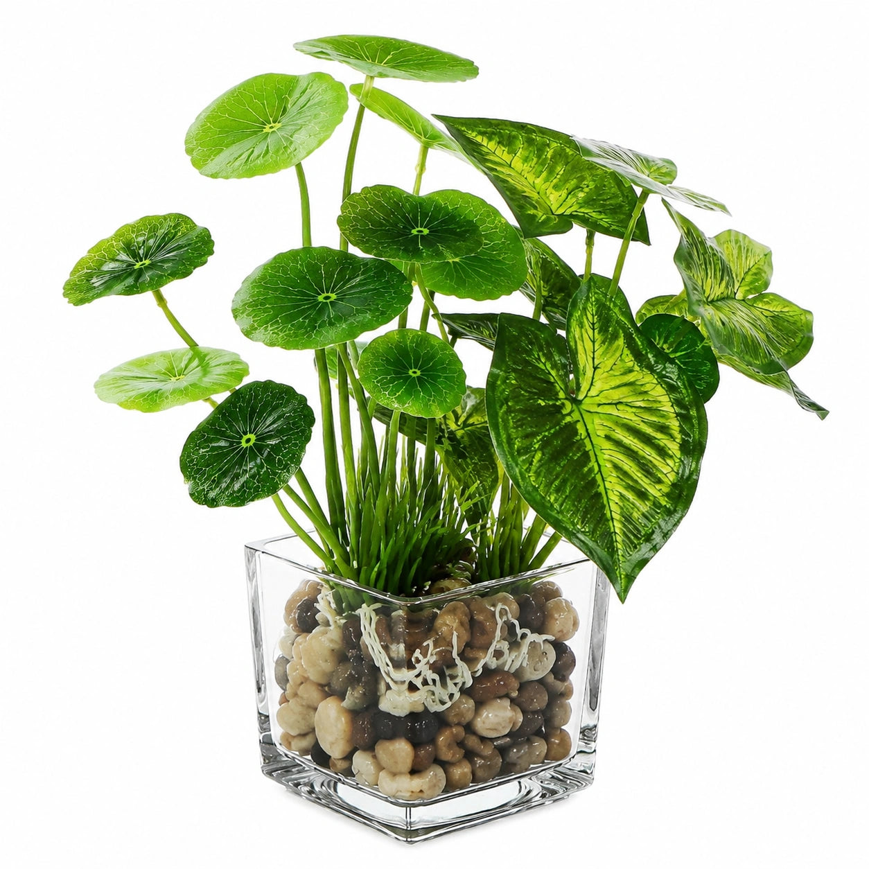 Plante Artificielle Décorative en Pot de Verre avec Galets Verts