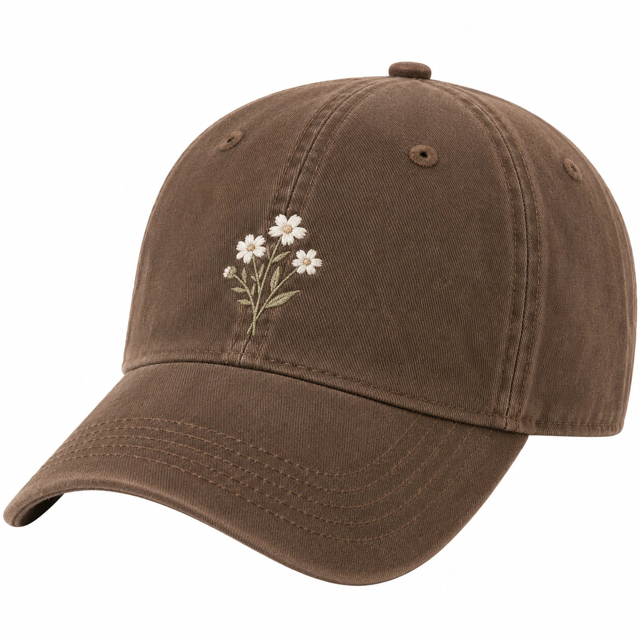 Casquette marron avec broderie de fleurs blanches