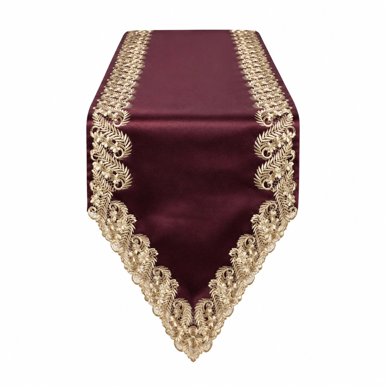 Chemin de table en satin bordeaux avec broderie dorée