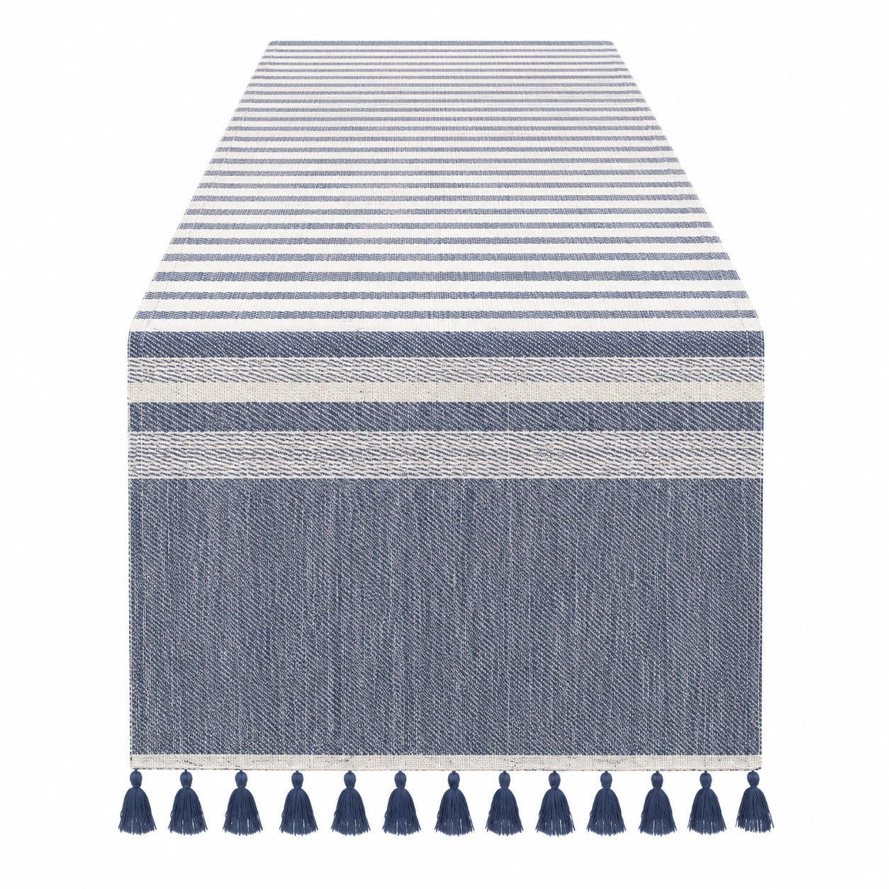 Chemin de table rayé bleu et blanc avec franges