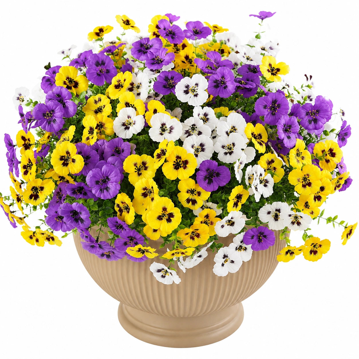 Pot de fleurs artificielles avec pensées jaunes, violettes et blanches
